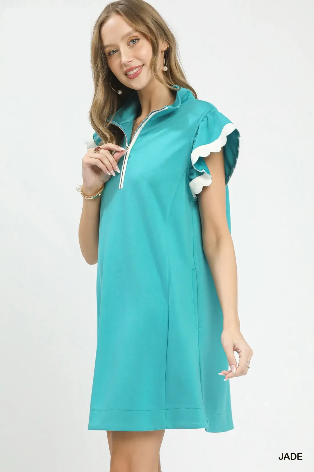Zip-Neck Flutter Sleeve Dress, image 2