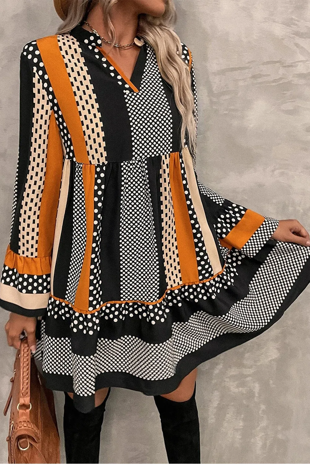 Printed Notched Long Sleeve Mini Dress, image 6