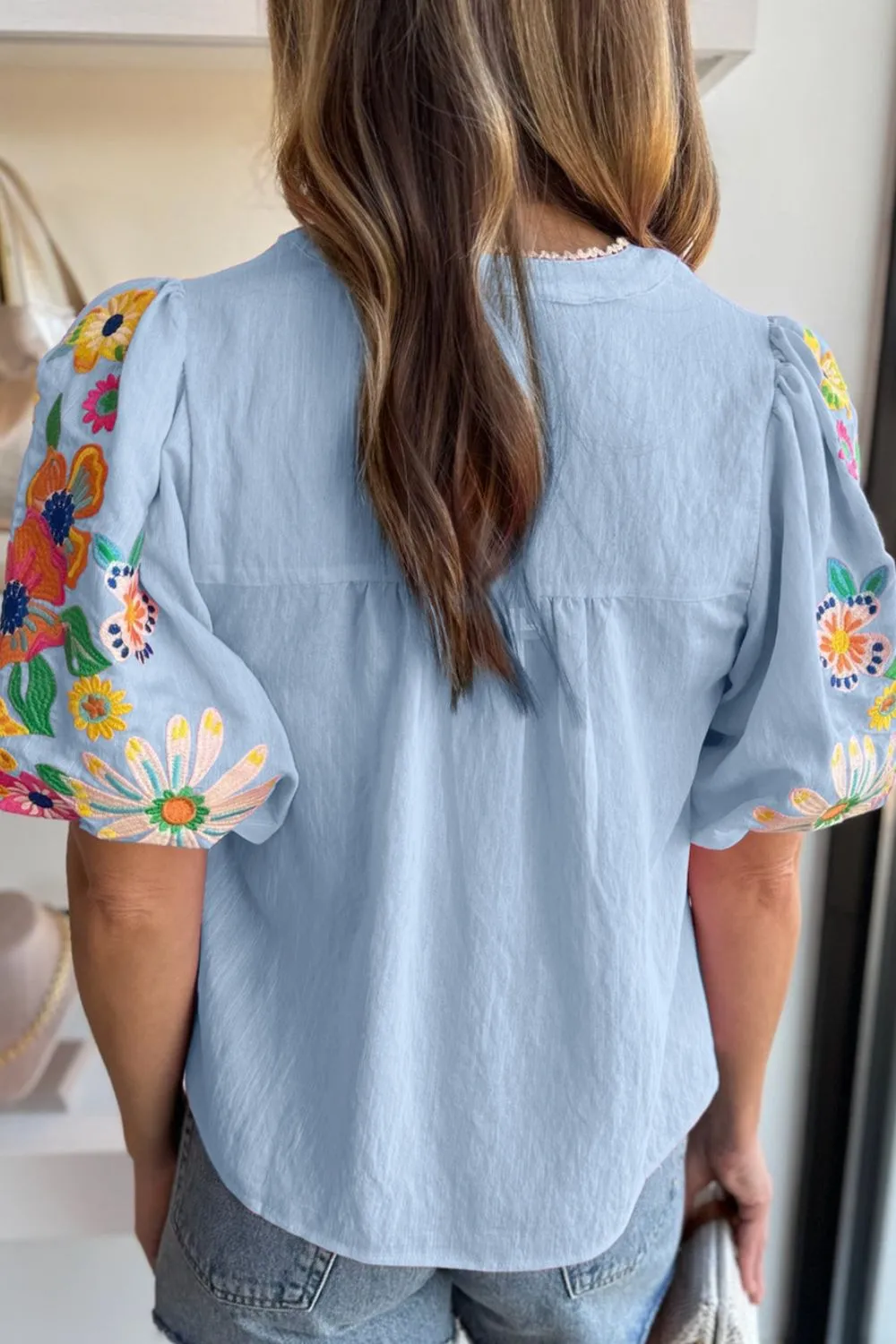 Embroidered Tie Neck Short Sleeve Blouse, image 5
