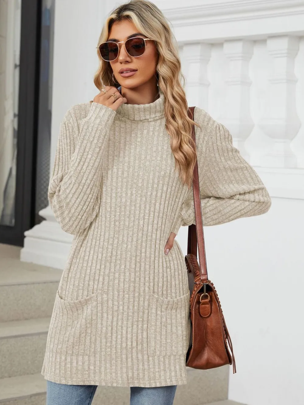 Ribbed Mock Neck Long Sleeve T-Shirt, image 7