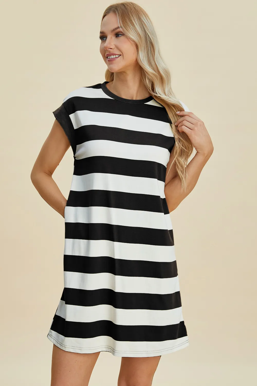 Full Size Striped Round Neck Cap Sleeve Mini Dress, image 18