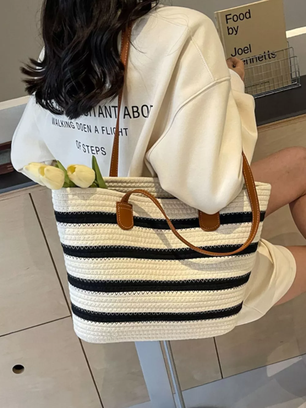 Striped Straw Tote Bag, image 3