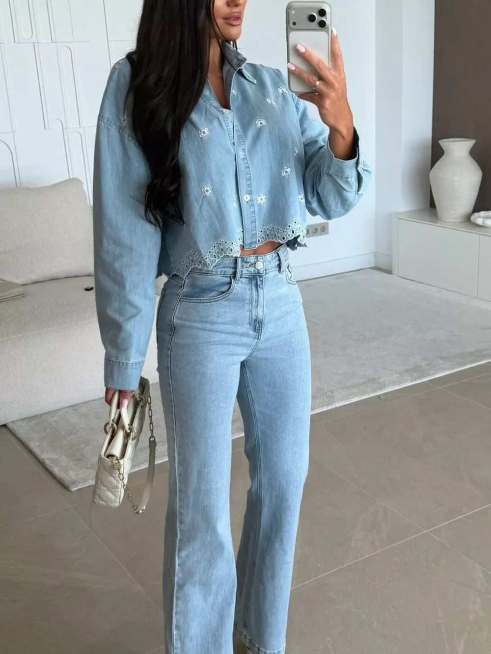 Embroidered Cropped Denim Shirt, image 6