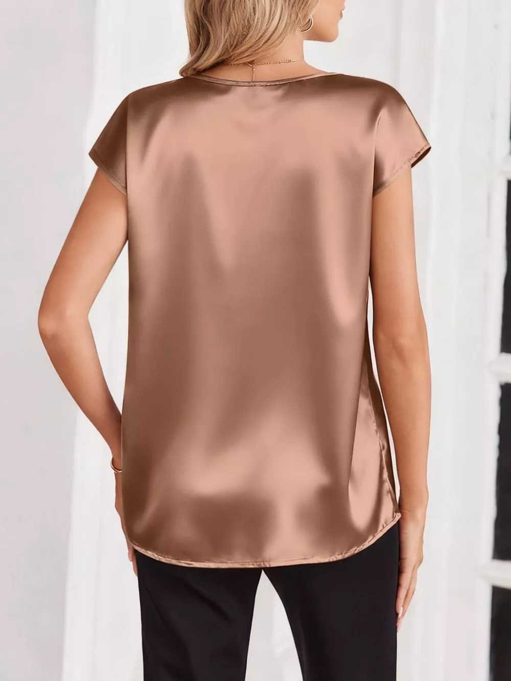 Satin V-Neck Cap Sleeve Blouse, image 8