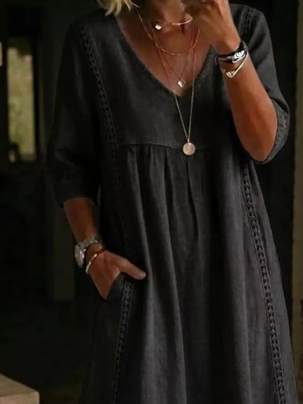 Full Size V-Neck 3/4 Sleeve Midi Dress Plus Size, image 6
