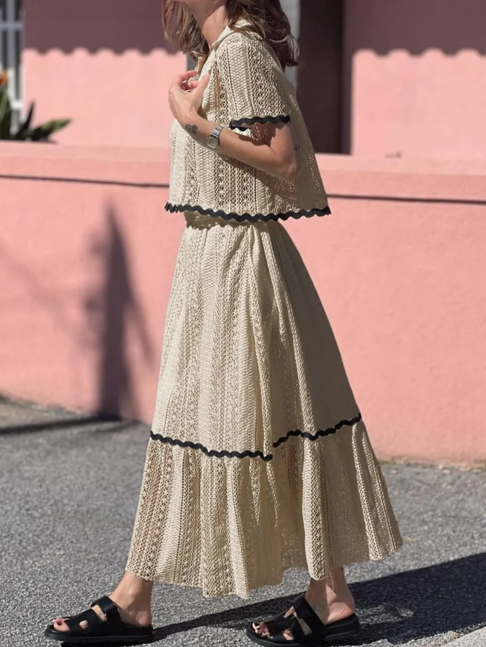Contrast Trim Openwork Short Sleeve Top and Skirt Set, image 9