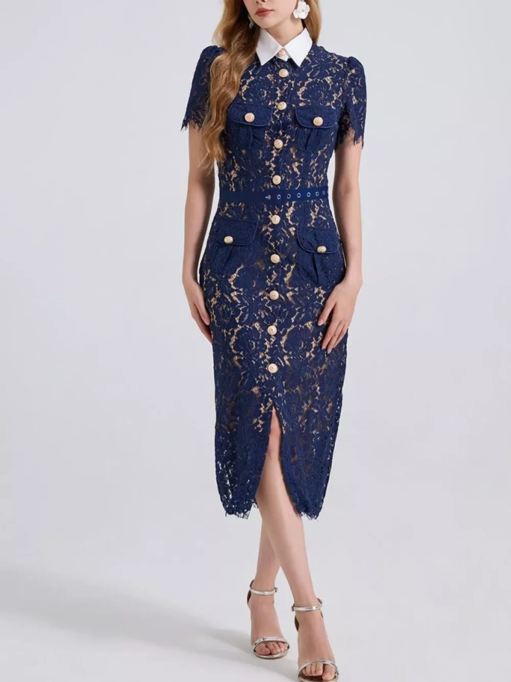 Lace Button-Down Midi Dress, image 3