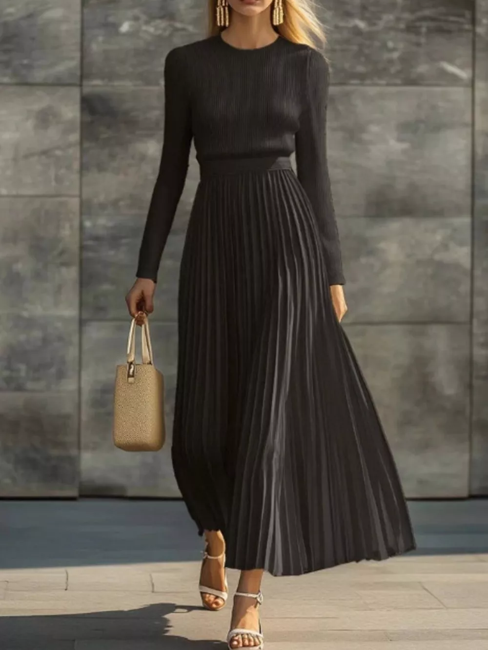 Ribbed Knit Pleated Midi Dress