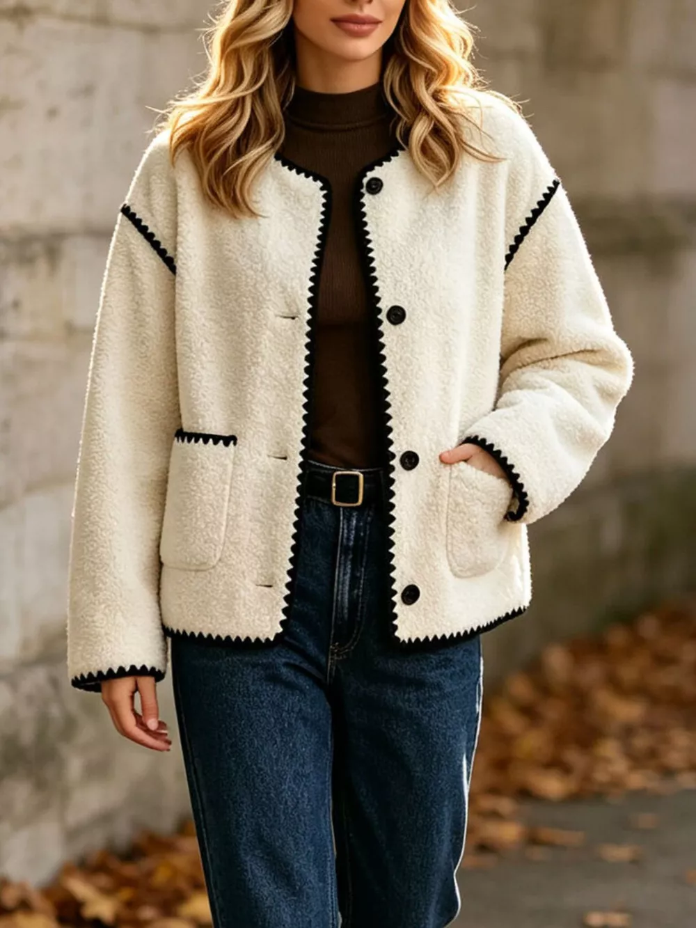 Faux Shearling Contrast Trim Button-Down Outerwear, image 2