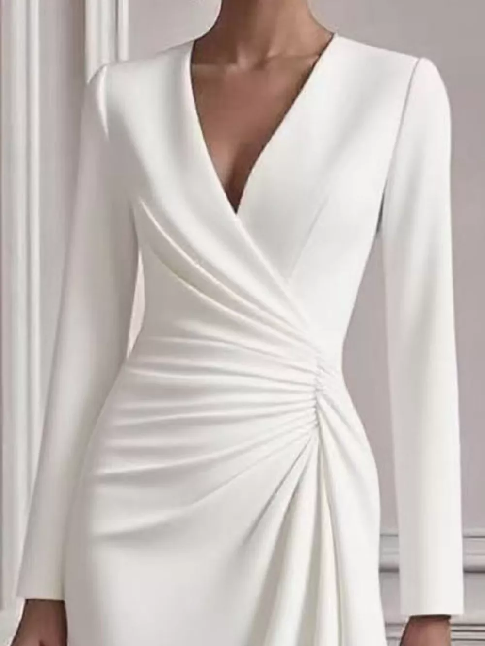 Front Ruched V-Neck Long Sleeve Dress, image 7