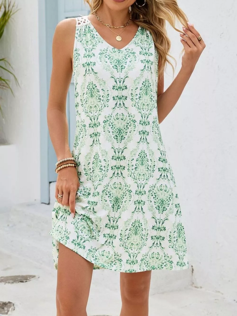Floral Print V-Neck Crochet Back Mini Dress, image 25