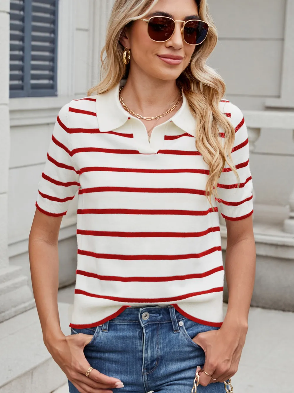 Striped Johnny Collar Short Sleeve Sweater, image 15