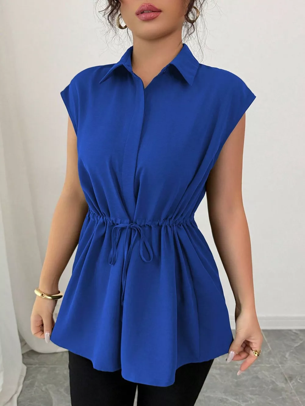 Drawstring Waist Cap Sleeve Shirt, image 28