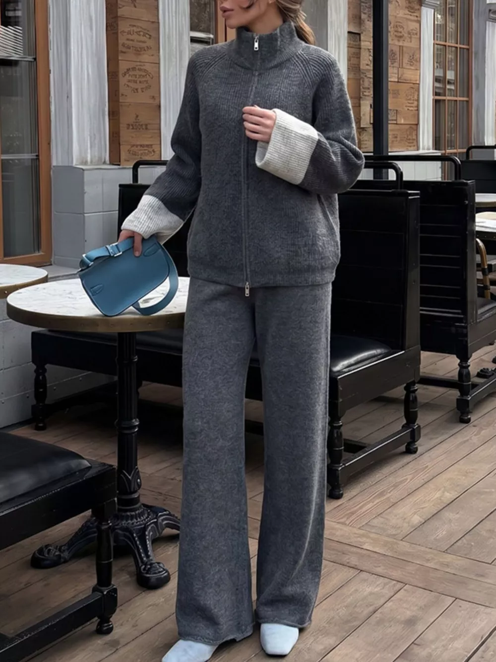 Zip-Up Contrast Cuff Cardigan and Pants Sweater Set, image 23