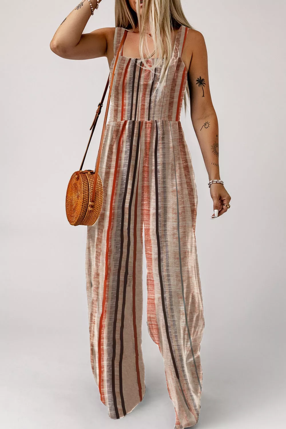 Stripe Square Neck Sleeveless Smocked Bodice Wide Leg Jumpsuit, image 5