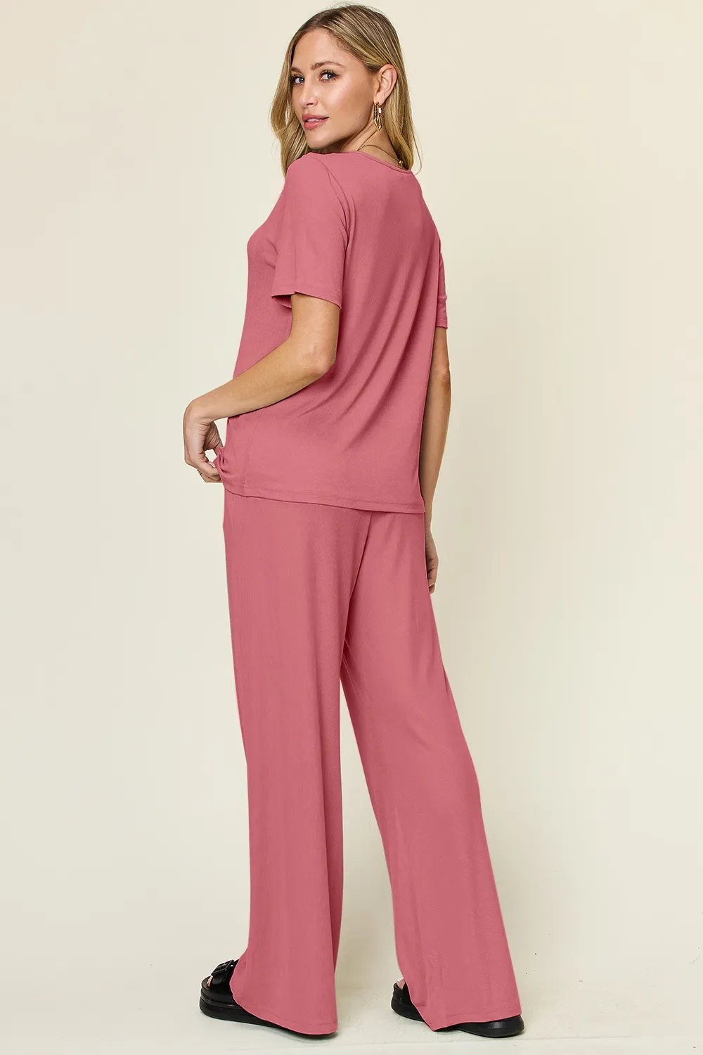 Full Size Round Neck Short Sleeve T-Shirt and Wide Leg Pants Set, image 17