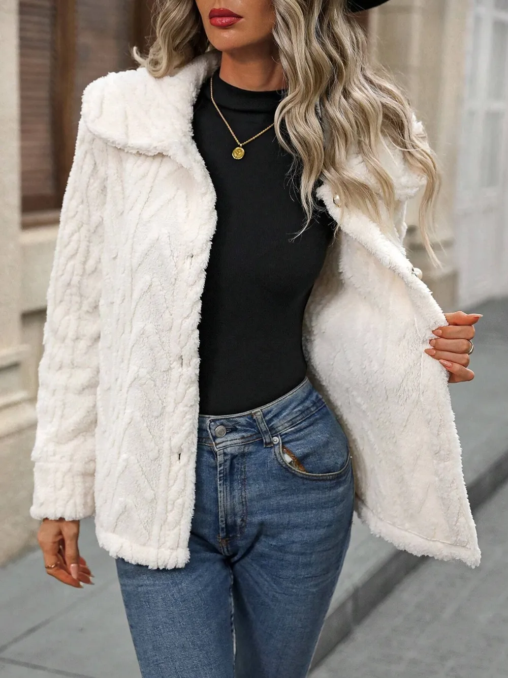 Fuzzy Texture Button Up Collared Neck Coat, image 4