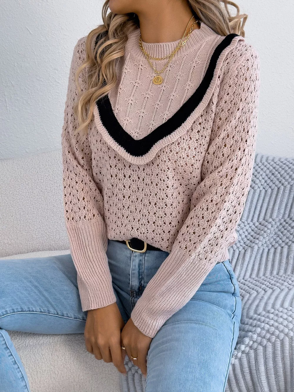 Hollow-Out Knit Top with Contrast Trim, image 12