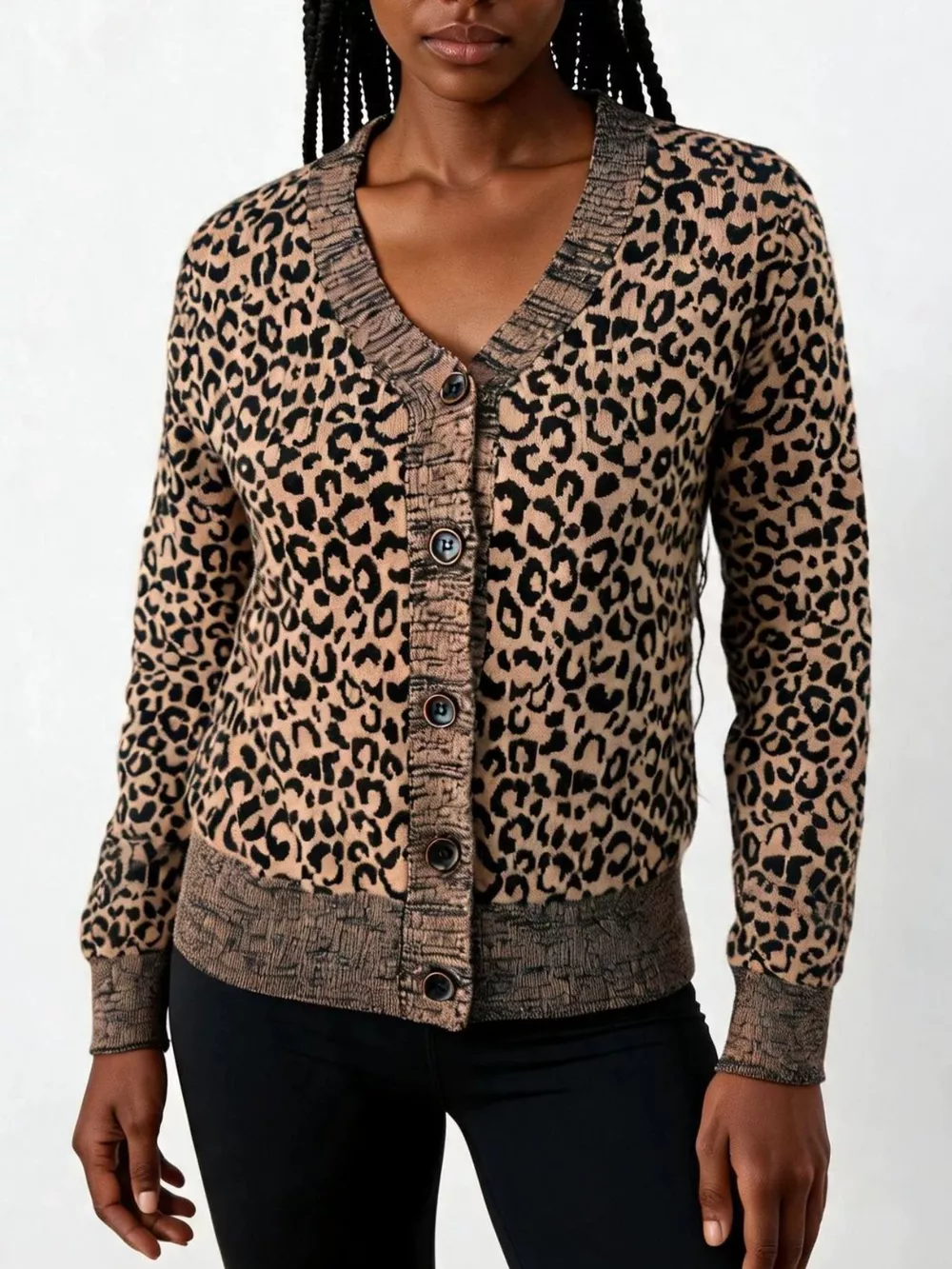 Leopard V-Neck Button-Down Cardigan, image 2
