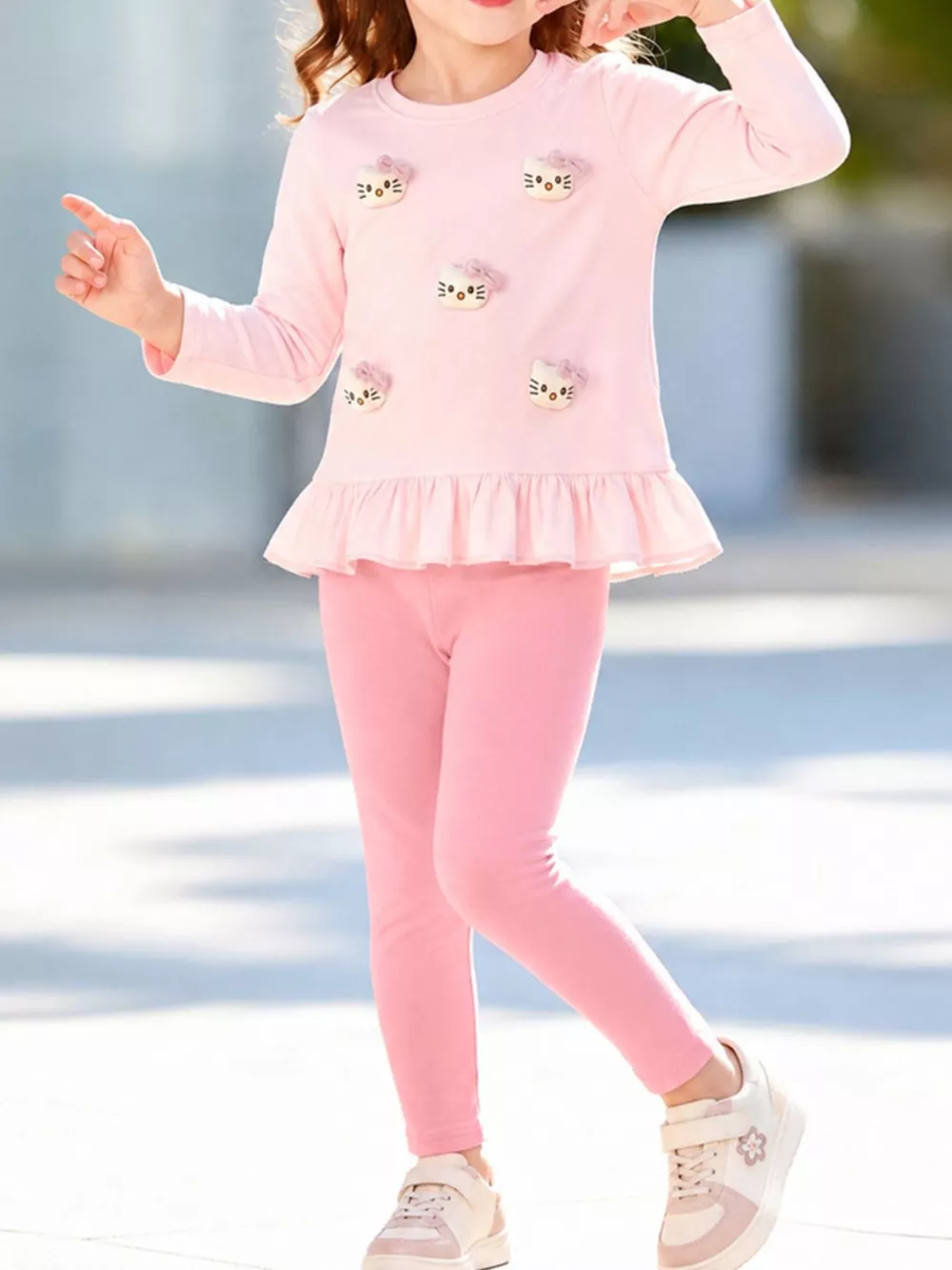 Children's Cat Ruffled Hem Top and Leggings Set, image 2