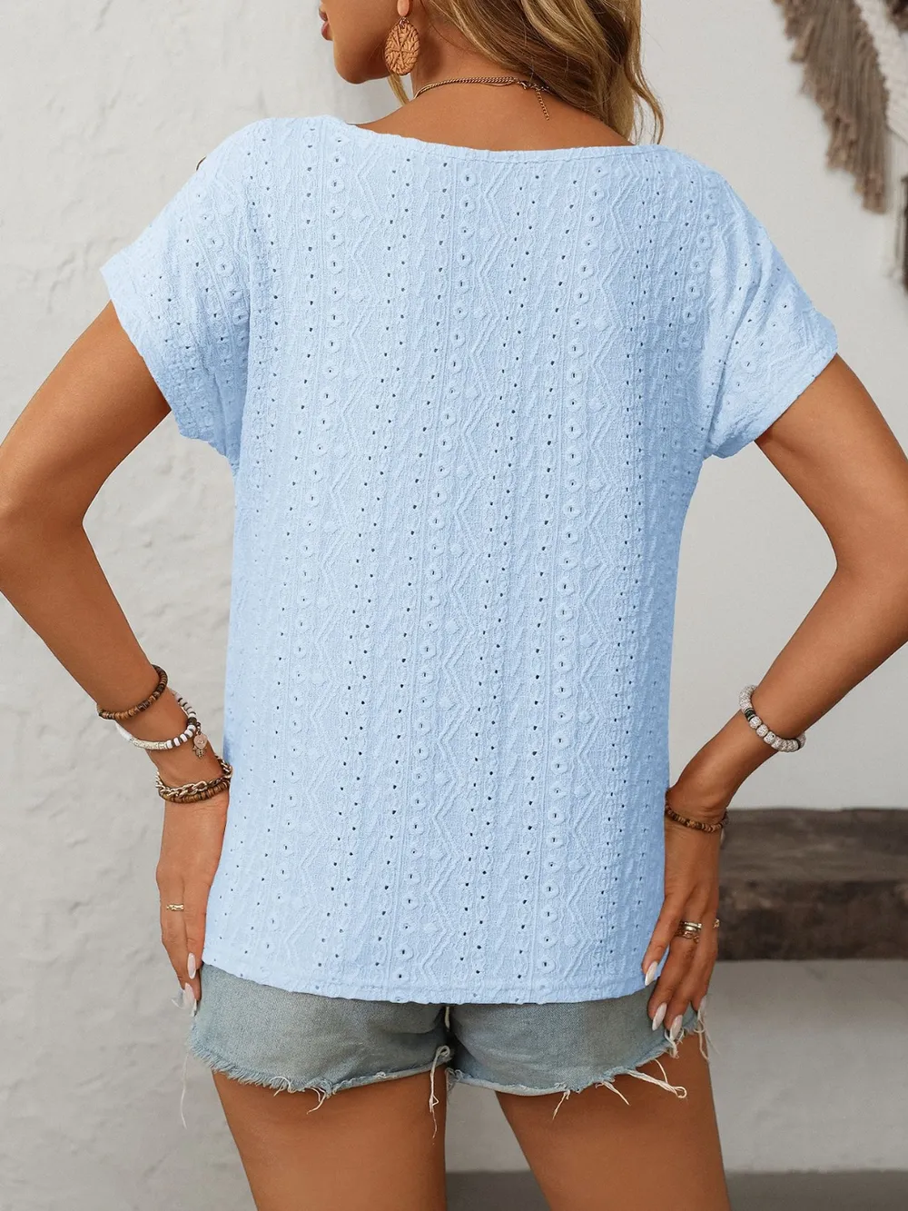Eyelet Round Neck Short Sleeve Top, image 19