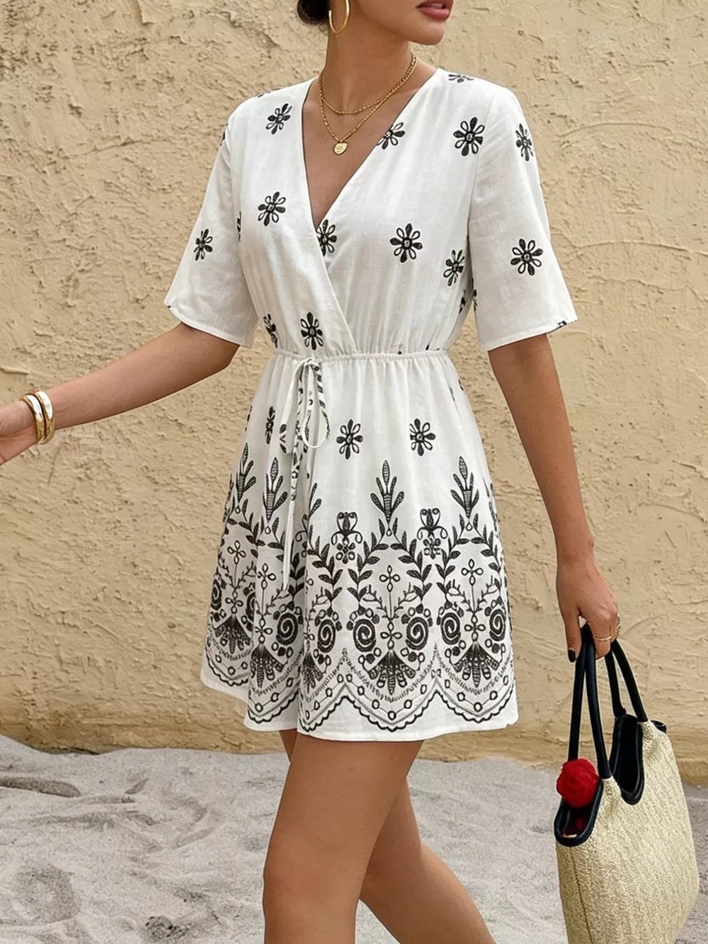 Printed Surplice Half Sleeve Romper, image 2