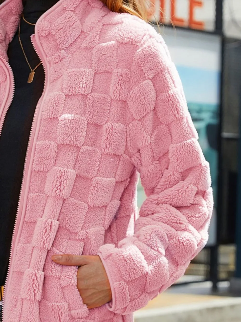 Fuzzy Checkered Zip Up Jacket, image 13