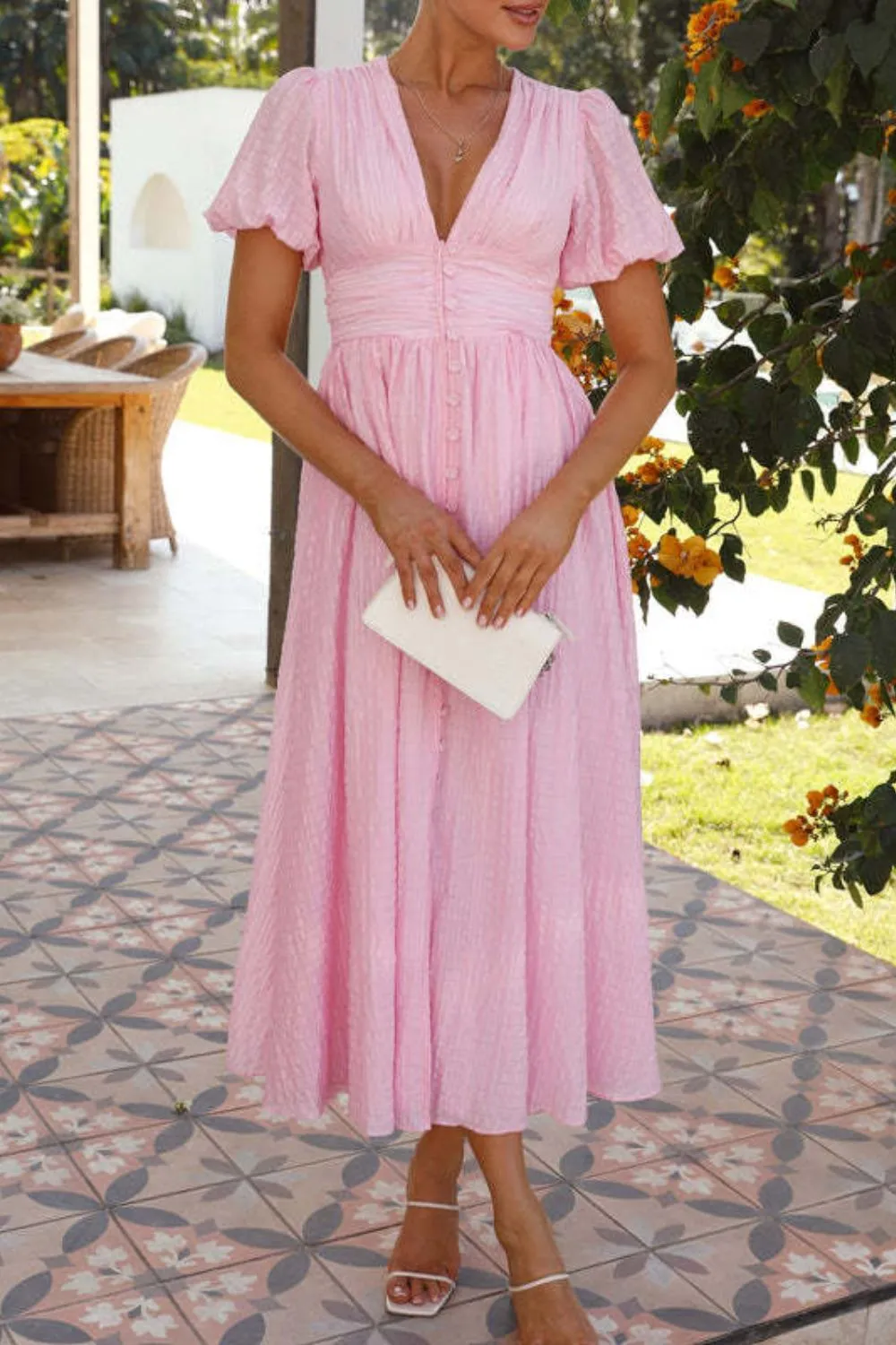 V-Neck Puff Short Sleeve Midi Dress, image 15