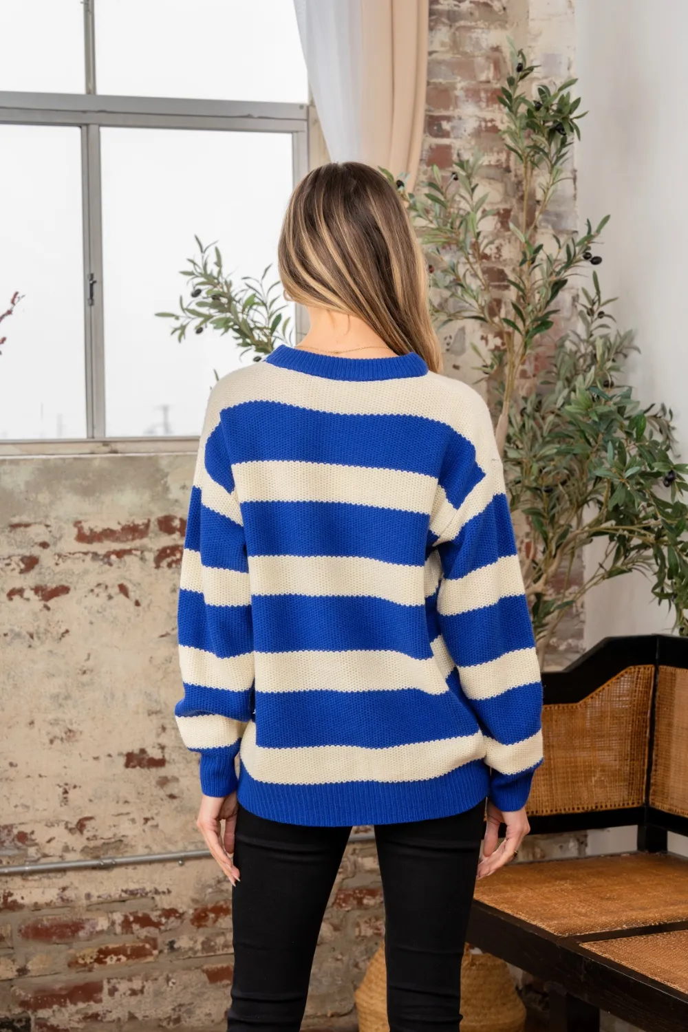 Full Size Contrast Striped Round Neck Sweater, image 4