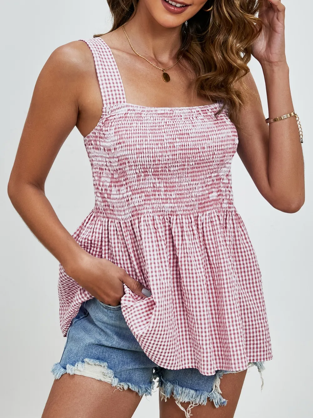 Smocked Plaid Square Neck Tank, image 3