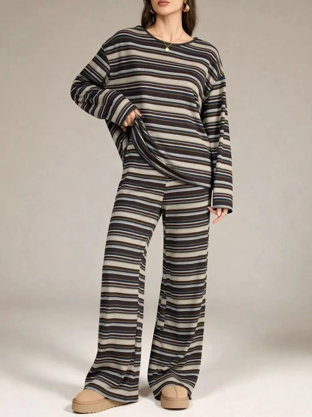 Striped Long-Sleeve Top and Wide-Leg Pants Set