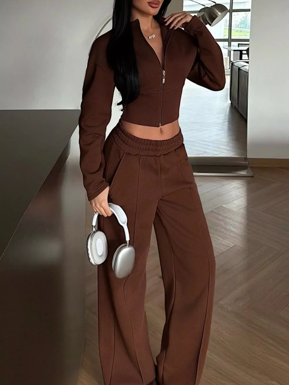 Zip-Up Crop Jacket and Wide-Leg Pants Set, image 10