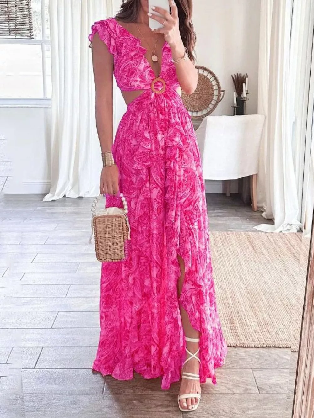 Full Size Ruffled Cutout V-Neck Maxi Dress Plus Size, image 7