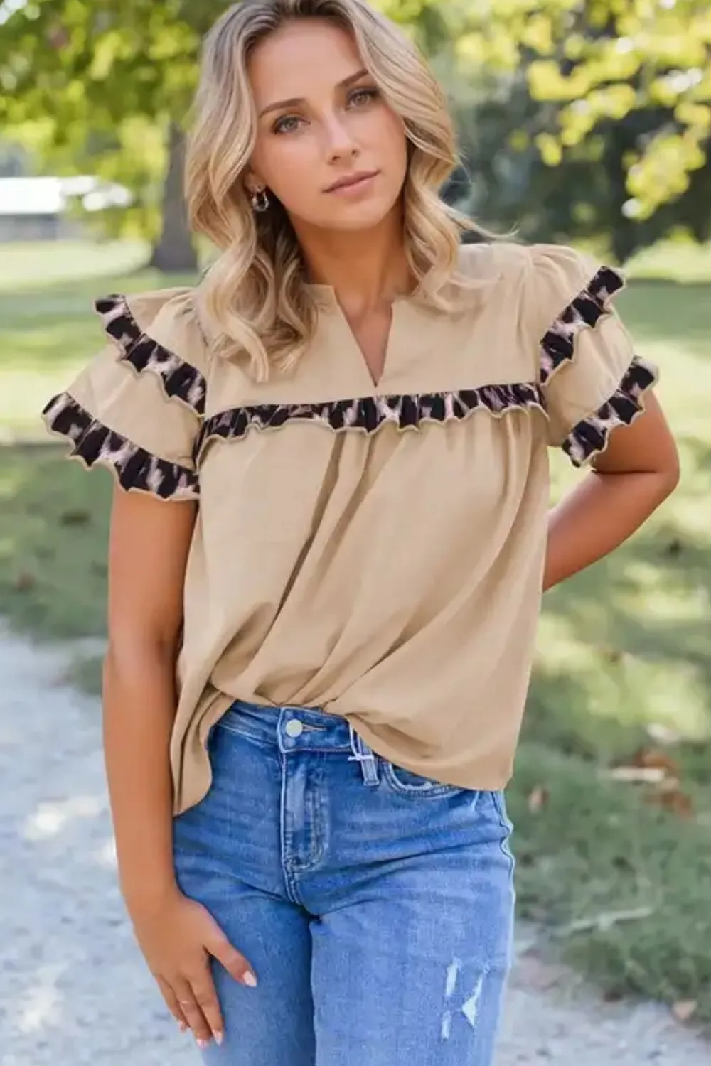 Leopard Frill Short Sleeve Blouse