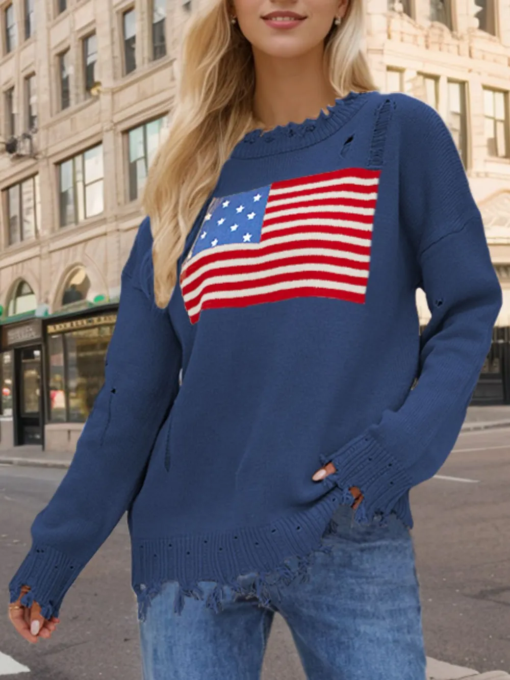 US Flag Distressed Round Neck Long Sleeve Sweater, image 5