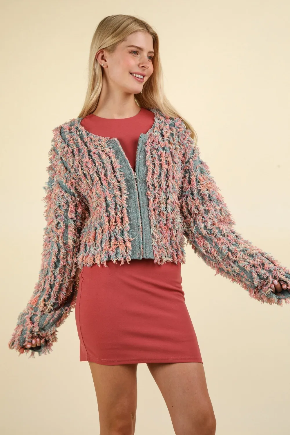 Shaggy Yarn Knit Zip Up Jacket, image 4