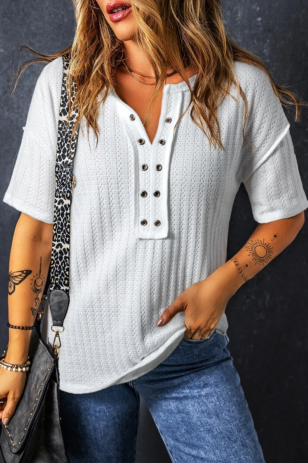 Textured Hollow Grommet Placket Split Neck Short Sleeve Top