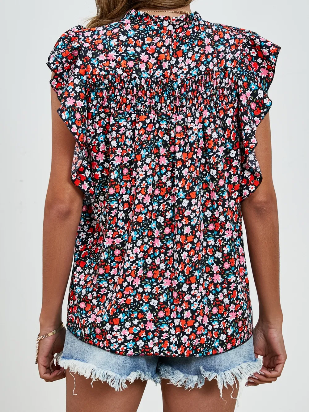 Ruffled Ditsy Floral Mock Neck Cap Sleeve Blouse, image 19