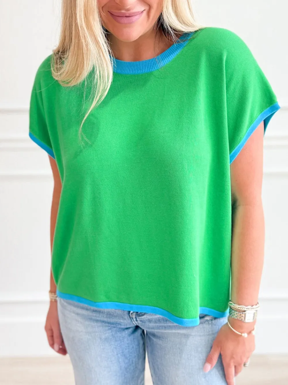 Contrast Trim Short Sleeve Sweater, image 4