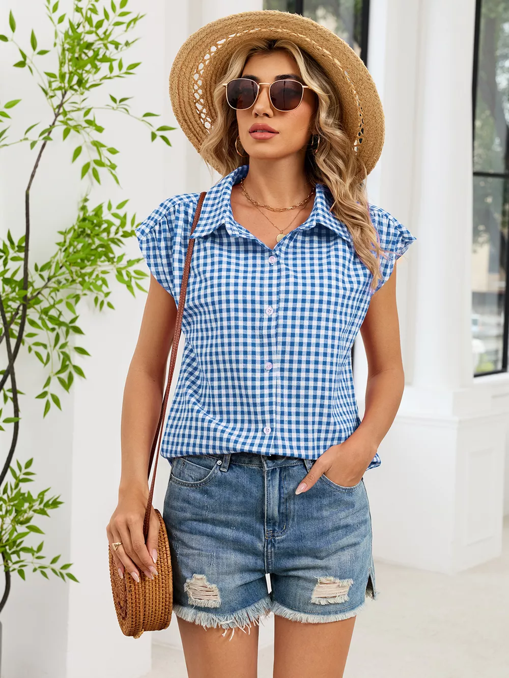 Plaid Button Up Cap Sleeve Shirt, image 30