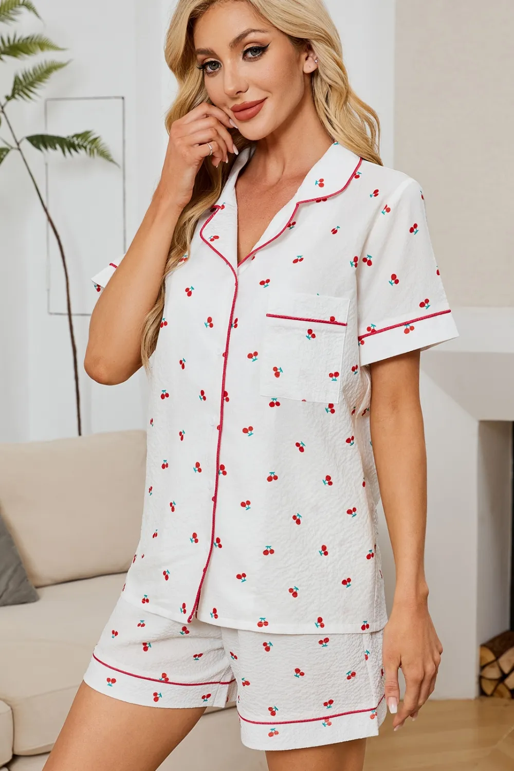 Cheery Print Collared Neck Top and Shorts Lounge Set, image 6