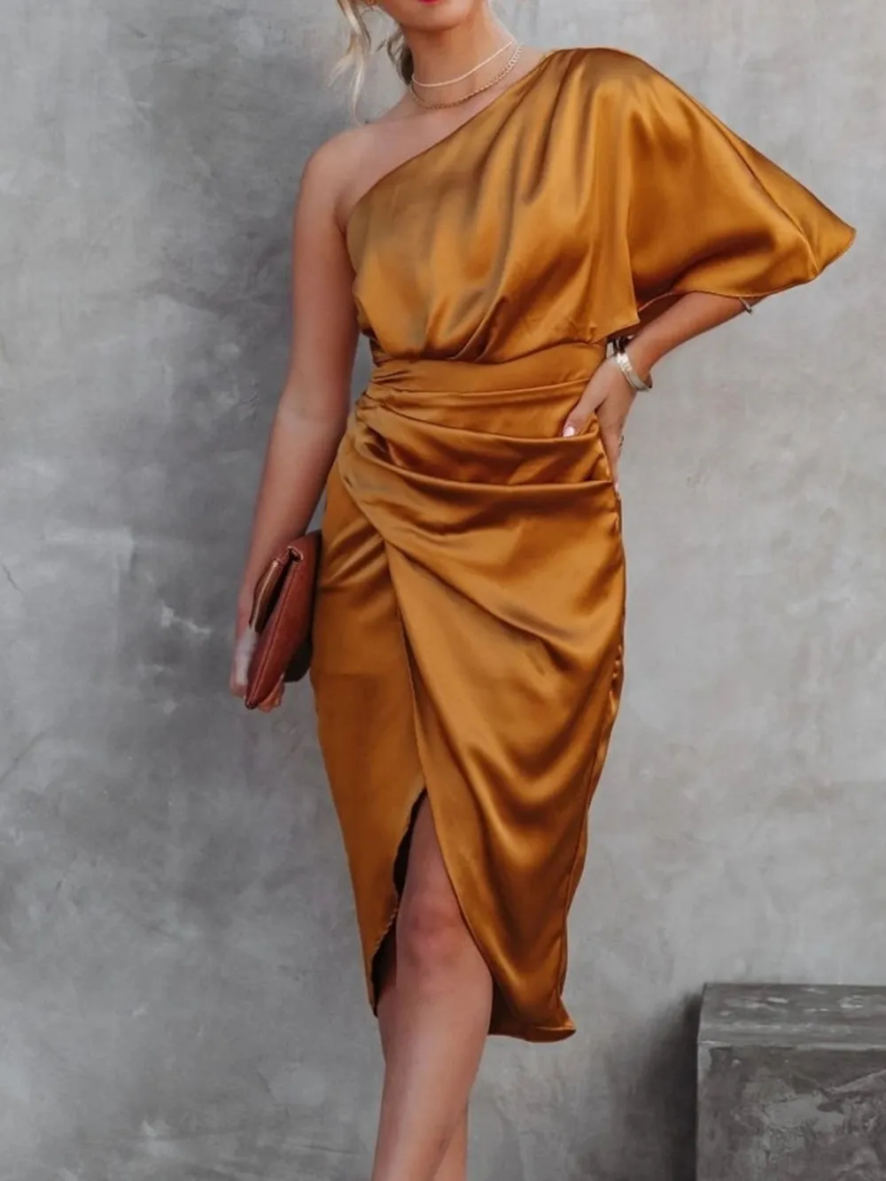 One-Shoulder Satin Wrap Dress with Side Slit, image 22
