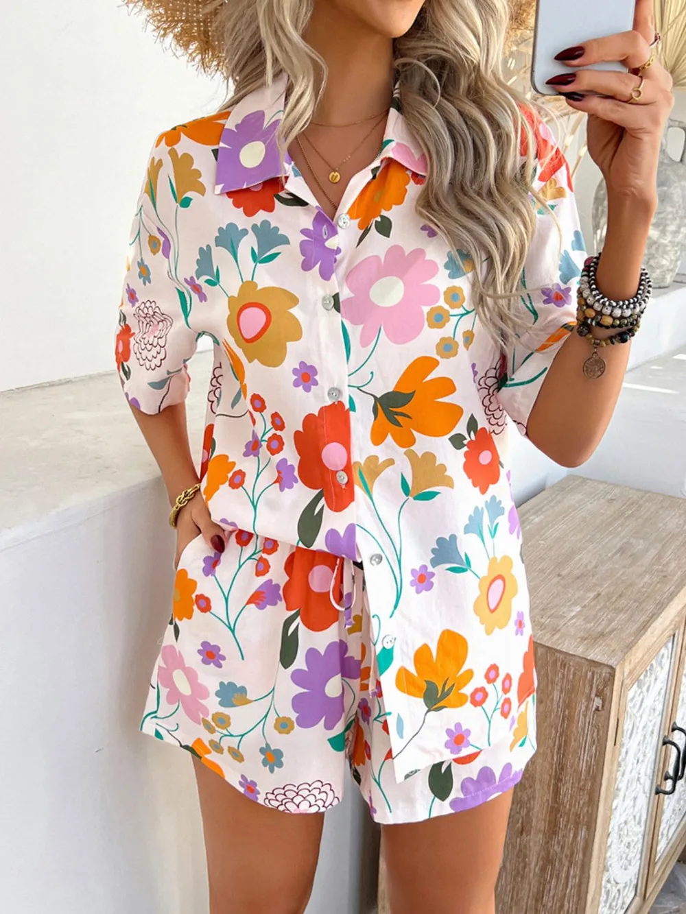 Printed Button Down Shirt and Shorts Set, image 7