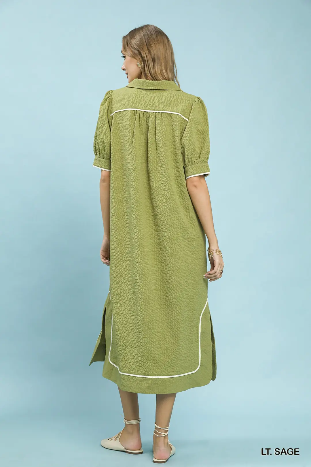 Seersucker Midi Dress with Contrast Trim, image 3