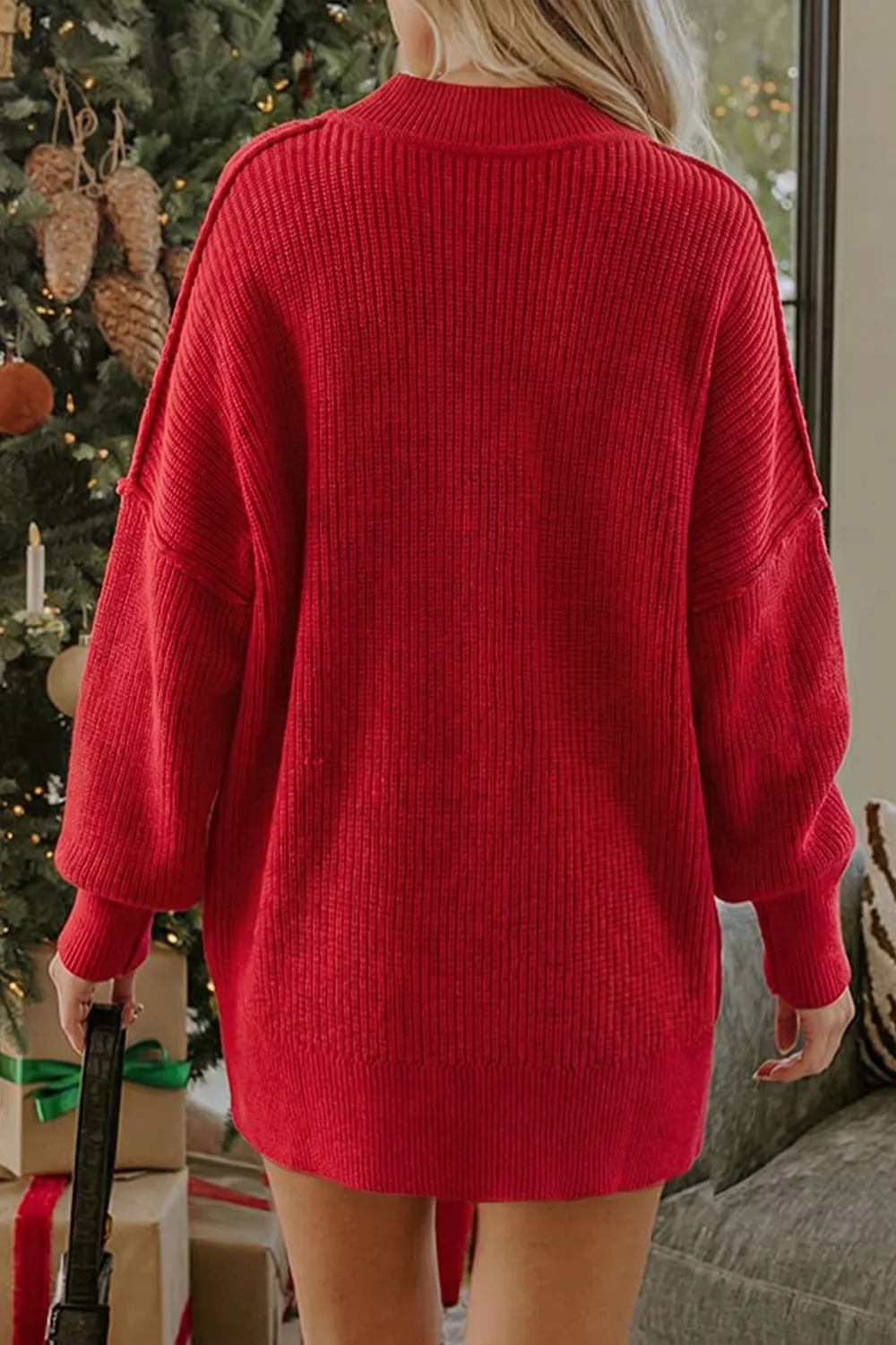 Long Sleeve Ribbed Knit Stand Neck Regular Fit Sweater, image 4