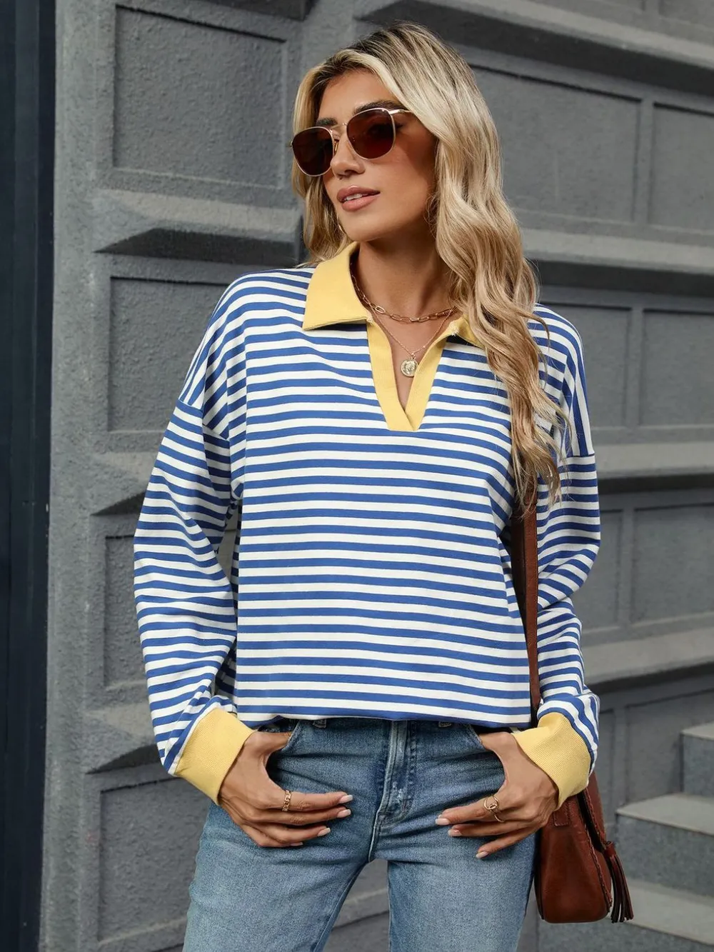 Striped Johnny Collar Long Sleeve Sweatshirt, image 29