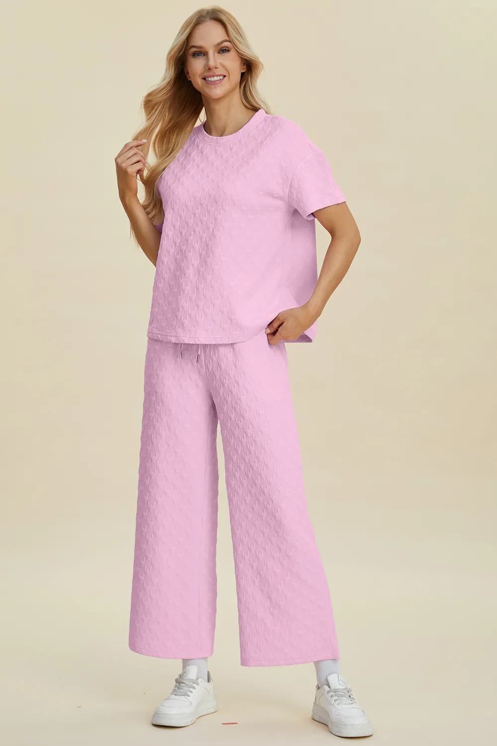 Full Size Texture Round Neck Short Sleeve Top and Pants Set, image 14