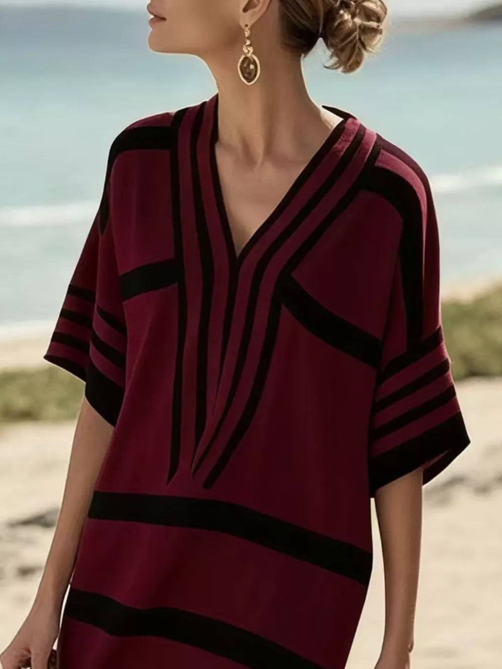 Full Size Striped Half Sleeve Midi Dress Plus Size, image 26