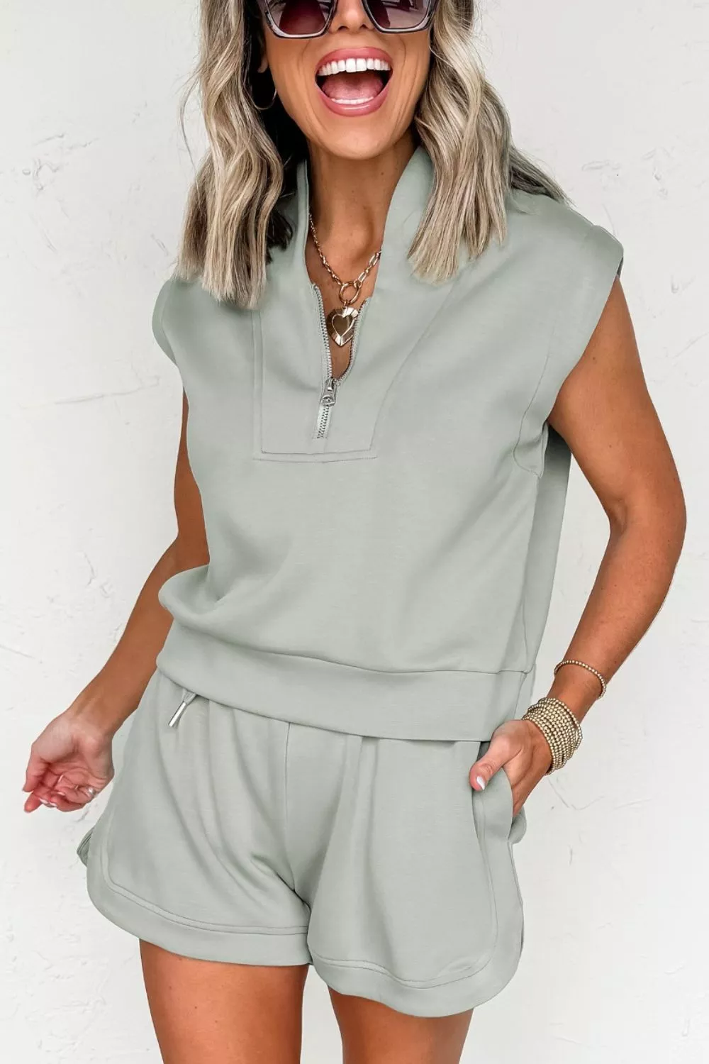 Quarter Zip Sleeveless Top Drawstring Shorts Casual 2pcs Outfit, image 2