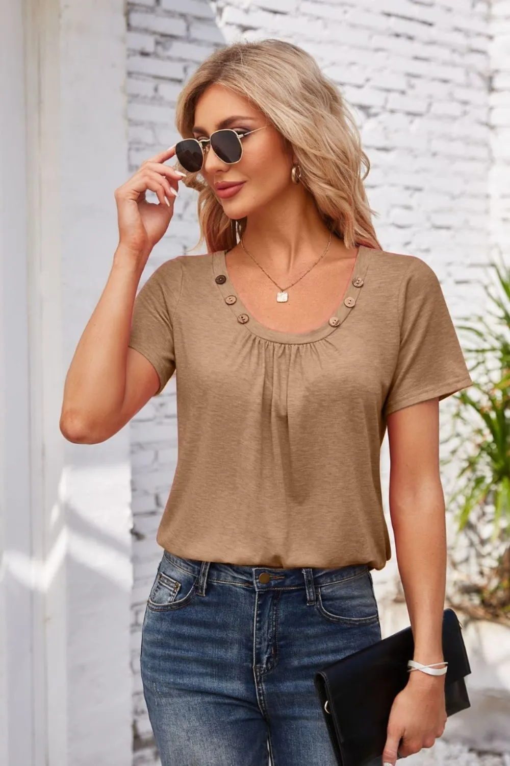 Decorative Button Scoop Neck T-Shirt, image 27